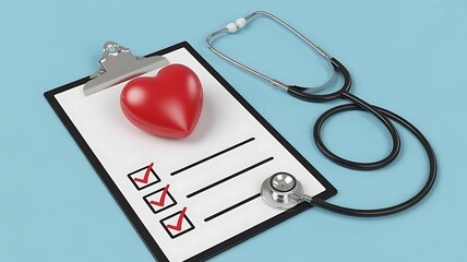 Healthcare Concept 3D Illustration with Stethoscope, Heart, and Checklist on Blue Background