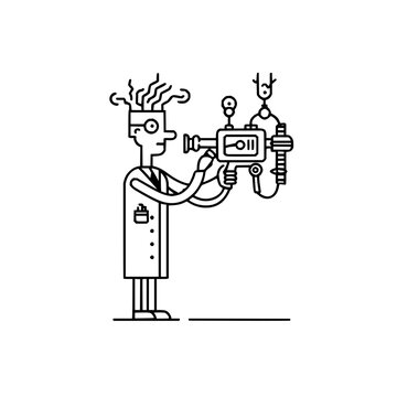 Scientist in lab coat holding complex device with tubes and dials in a black and white line drawing