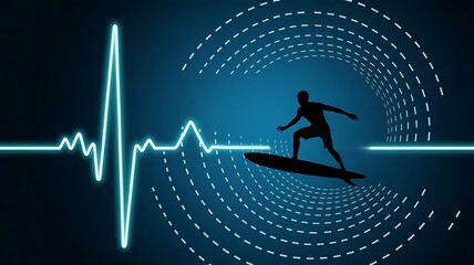Futuristic Concept of a Surfer Riding the Digital Heartbeat of Innovation