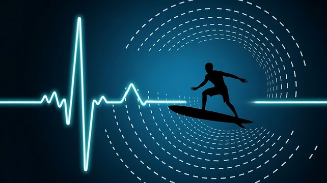 Futuristic Concept of a Surfer Riding the Digital Heartbeat of Innovation