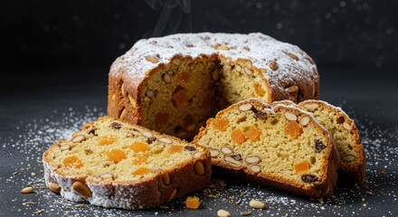 Warm fruit cake with almonds and dried apricots, dusted with icing sugar, freshly baked confection