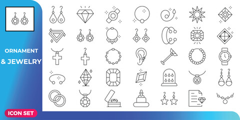 Modern minimalist outline jewelry icon set, featuring elegant rings, necklaces, earrings, and dazzling diamonds. Versatile precious ornament line icons for fashion, luxury, and digital design projects