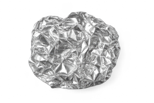 Crumpled aluminum foil ball on transparent background