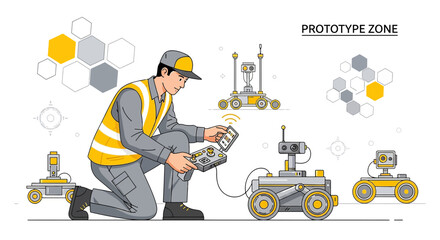 Illustrative depiction of an engineer controlling robotic devices in a prototype testing zone