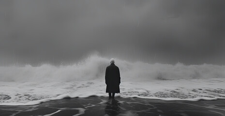 Dramatic black and white landscape of a lone figure standing in a long coat facing a colossal, crashing wave on a stormy beach, symbolizing confrontation and resilience