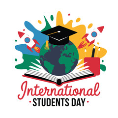 Vector art of international students day concept with a graduation cap on the earth, surrounded by rockets, an open book, and colorful abstract shapes