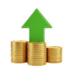 Green arrow rising above coins isolated on transparent background