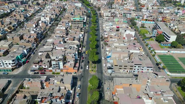 Aerial drone view of Constructores Avenue in La Molina district, Lima, Peru.