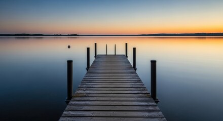 Obraz premium Wooden pier extending into a calm lake at sunset with a vibrant orange and blue sky reflecting on the water