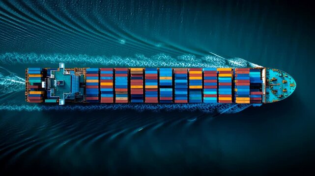 Vibrant Container Ship Navigating Through Deep Blue Waters in an Aerial View