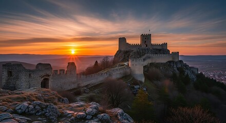 Sunset over medieval hilltop castle.