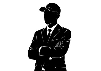 Vector silhouette of a confident businessman wearing a suit tie and baseball cap with arms crossed on a clean white background