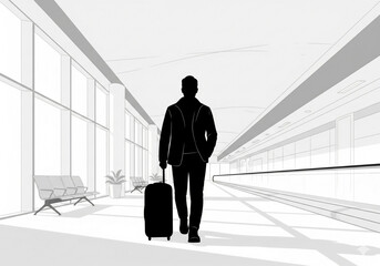 Fototapeta premium Vector silhouette of a businessman walking with luggage through an airport terminal for travel and business journey concept