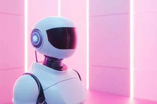Futuristic white robot in neon pink room with illuminated lines