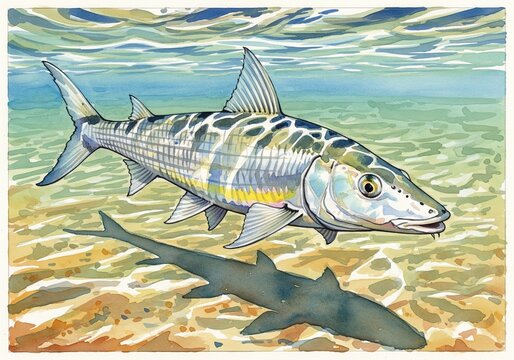 Bonefish watercolor, animal fish underwater life, white background