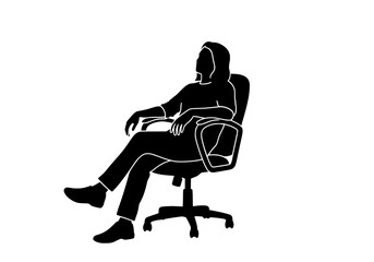 Vector silhouette of a professional woman relaxing in an office chair with crossed legs isolated on white background