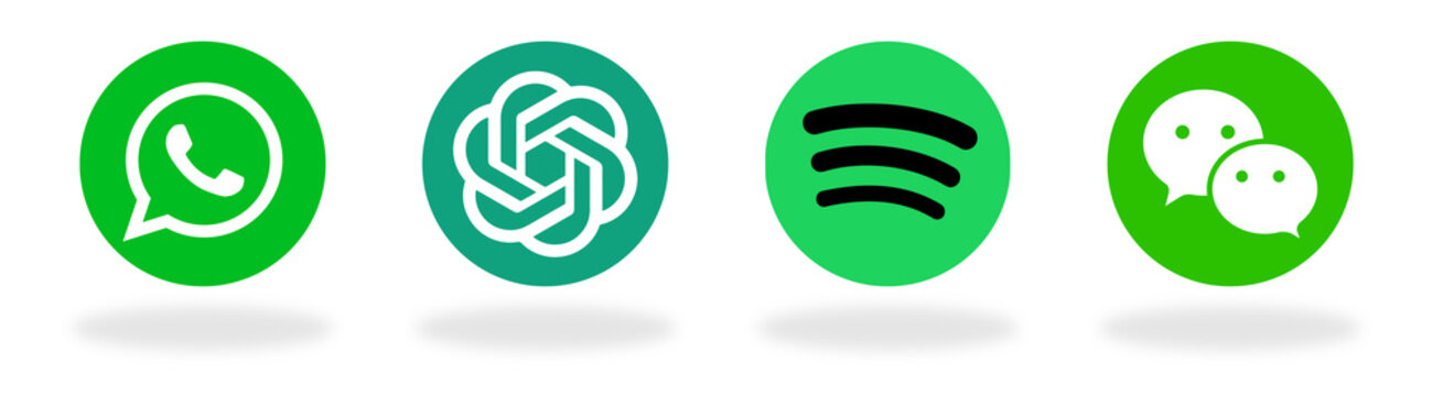 WeChat,  ChatGPT, Spotify, WhatsApp, social media logo icon set, round circle button style with soft shadow and transparent PNG background, modern minimal glossy vector design for branding.