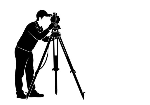 Vector silhouette of a surveyor operating a total station instrument on a tripod for accurate land measurement