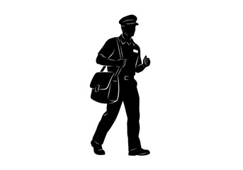 Walking mailman vector silhouette delivering postal mail with a satchel bag and uniform cap on white background