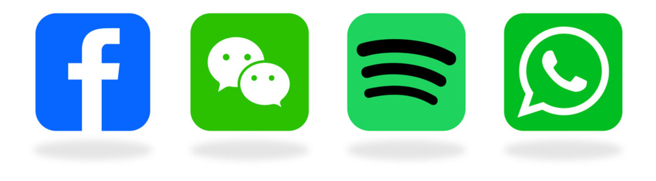 Spotify, Facebook, WeChat, WhatsApp, social media logo icon set,  square button style with realistic shadow, modern glossy flat vector design, transparent PNG background for branding.