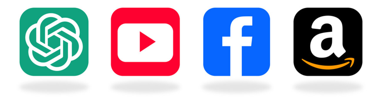 Facebook, Amazon, YouTube, ChatGPT, social media logo icon set,  square button style with realistic shadow, modern glossy flat vector design, transparent PNG background for branding.