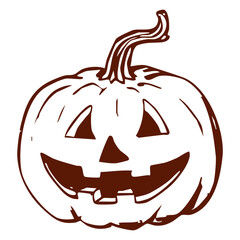 Hand drawn Halloween pumpkin illustration with carved face and stem. Spooky jack o lantern vector design in brown line art.