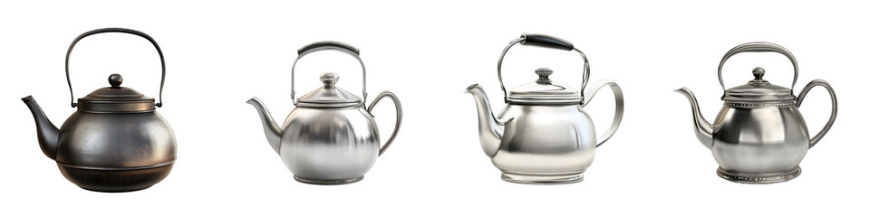 Tea kettle – A container used for boiling water, often with a spout for pouring, typically used for making tea. Isolated on Clear White Background Highly Detailed