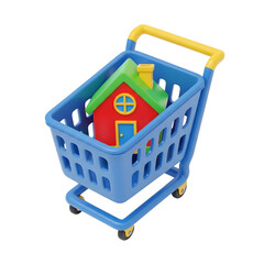 House Inside Blue Shopping Cart on Transparent Background