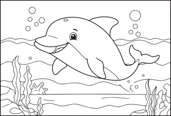 Obraz premium Line art illustration of a smiling dolphin swimming underwater w