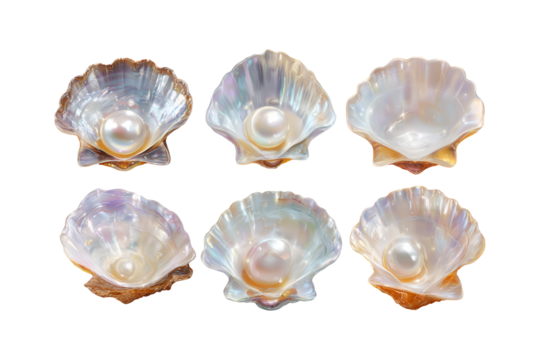 Six transparent glass seashell shaped candle holders with soft pastel hues displayed artistically isolated on transparent background