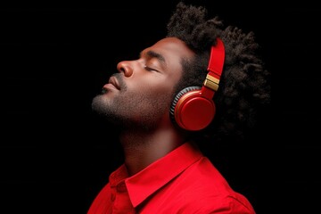 A young Black man with curly hair listens to music with red headphones, eyes closed, enjoying a peaceful moment