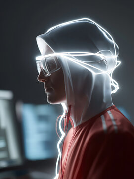 Hacker illuminated, lost in data stream, exuding intelligence. Data security is paramount and person wears futuristic device