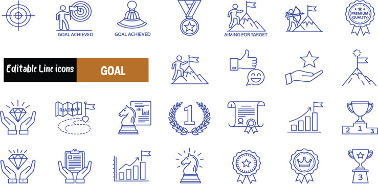 Set of business and goal achievement icons depicting success, strategy, and rewards