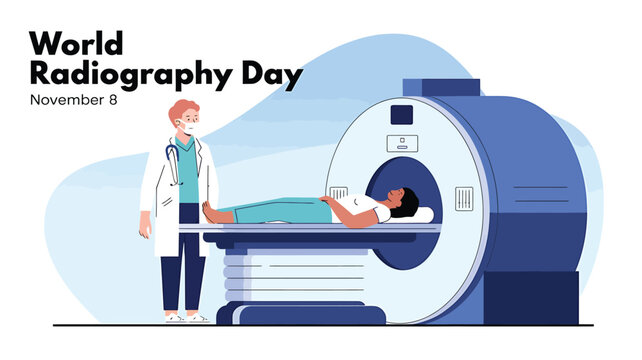 Vector art of world radiography day illustration with a doctor and a patient undergoing a ct scan, celebrating medical imaging and healthcare professionals - Powered by Adobe