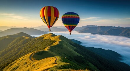Fototapeta premium Two colorful hot air balloons float over misty mountains at sunrise, adventure and travel concept