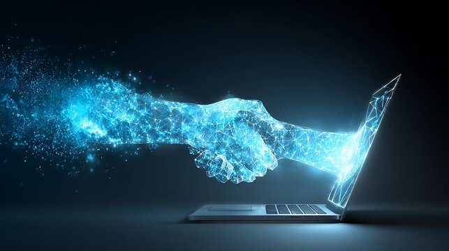 Blue Neon Handshake Emerging from Laptop Screen digital technology Photo