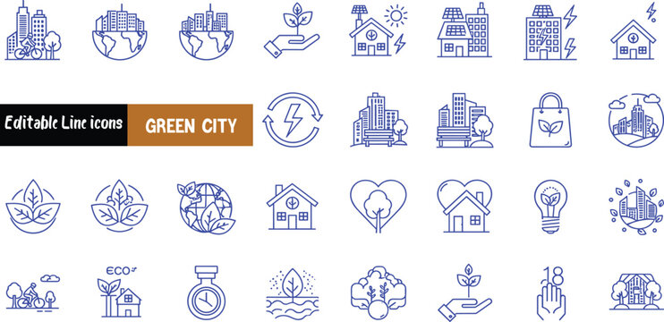 Editable vector line icons illustrating sustainable urban development, eco-friendly smart city concepts, and renewable energy solutions for a greener future