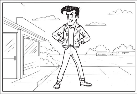Cartoon greaser character radiating confidence in a stylized 195