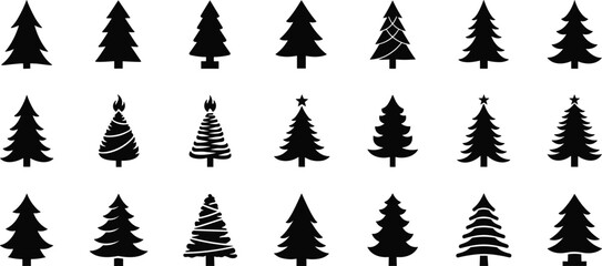 Christmas tree silhouette set, festive vector icons, decorated pine clipart, black trees, holiday graphic, seasonal illustration pack