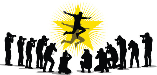 Celebrity jumping over golden star surrounded by paparazzi photographers, flat vector illustration ideal for fame, media, entertainment or celebrity culture concepts.