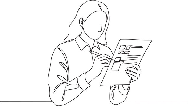 Faceless woman reviewing document with pen marking choices, sing