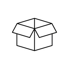Open black outline isometric cardboard box on white background empty container