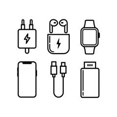 Six black line art icons of electronic devices and accessories electronics technology