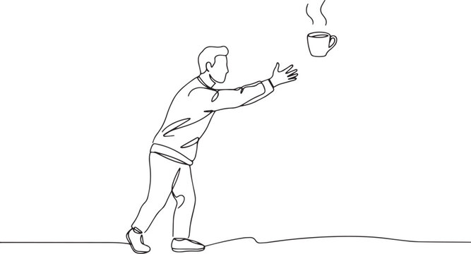 Continuous line art of a person reaching for a cup of coffee dra