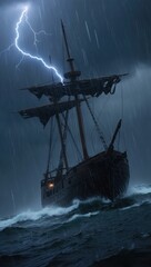 Obraz premium Ship battling stormy sea with lightning, dramatic ocean scene, maritime adventure, intense weather, stormy night, sailing vessel, powerful waves, nautical exploration, turbulent sea