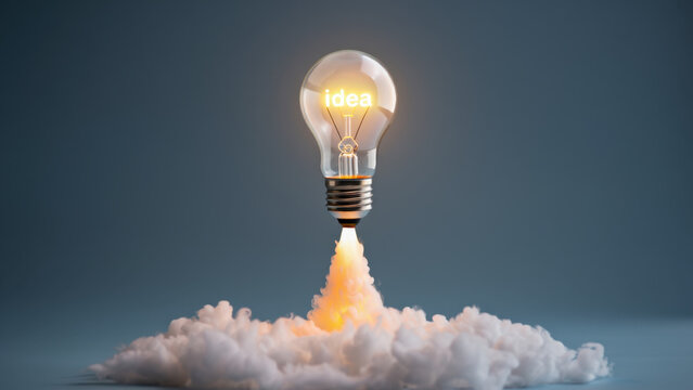 Light bulb launching with smoke, creative innovation, conceptual thinking, bright idea visualization, new invention, imaginative process, entrepreneurship, visionary insights, startup concept