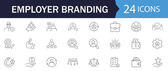 Employer branding line icon collection. Featuring modern thin vector symbols of business reputation, employee value, recruitment, value proportion, retention and engagement. Clean outline style.