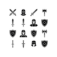 Black medieval knight helmets swords shields and axes icons on white vector