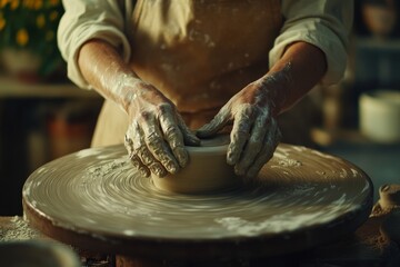 Skilled potter's hands shaping clay on a spinning wheel