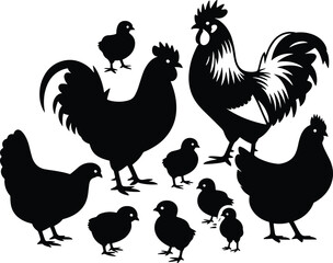 Black silhouette of chicken family including rooster hens and chicks